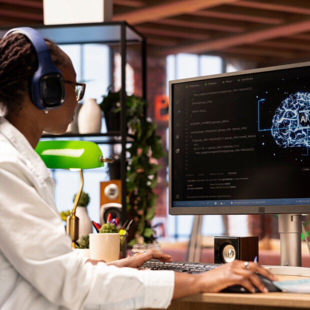 Person, die an einem Bildschirm arbeitet, der ein Projekt im Bereich künstliche Intelligenz anzeigt